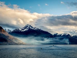 Preview wallpaper new zealand, sea, mountains, sky, clouds