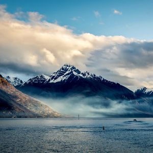 Preview wallpaper new zealand, sea, mountains, sky, clouds