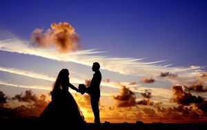 Preview wallpaper newlyweds, silhouettes, couple, love, sunset, clouds