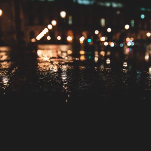 Preview wallpaper night, asphalt, wet, dark, lights, blur