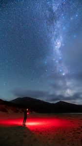 Preview wallpaper night, beach, silhouette, light, starry sky