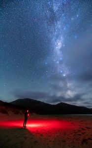 Preview wallpaper night, beach, silhouette, light, starry sky