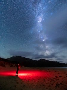 Preview wallpaper night, beach, silhouette, light, starry sky