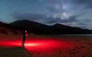 Preview wallpaper night, beach, silhouette, light, starry sky