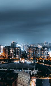 Preview wallpaper night city, aerial view, architecture, buildings, lights, thunderstorm