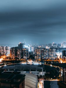 Preview wallpaper night city, aerial view, architecture, buildings, lights, thunderstorm