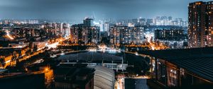 Preview wallpaper night city, aerial view, architecture, buildings, lights, thunderstorm