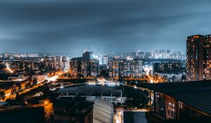 Preview wallpaper night city, aerial view, architecture, buildings, lights, thunderstorm