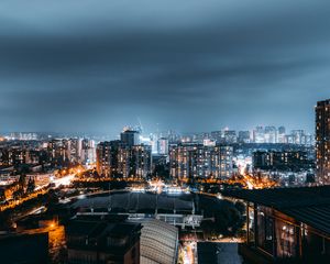 Preview wallpaper night city, aerial view, architecture, buildings, lights, thunderstorm