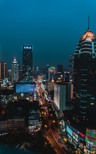 Preview wallpaper night city, aerial view, buildings, architecture, street, height, overview