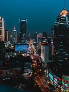 Preview wallpaper night city, aerial view, buildings, architecture, street, height, overview