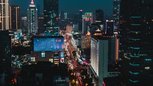 Preview wallpaper night city, aerial view, buildings, architecture, street, height, overview