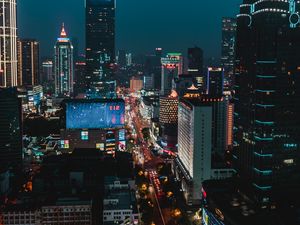 Preview wallpaper night city, aerial view, buildings, architecture, street, height, overview