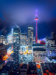 Preview wallpaper night city, aerial view, buildings, lights, bright, toronto