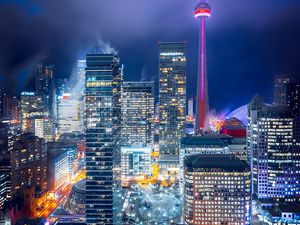 Preview wallpaper night city, aerial view, buildings, lights, bright, toronto