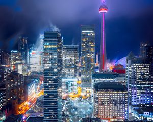 Preview wallpaper night city, aerial view, buildings, lights, bright, toronto