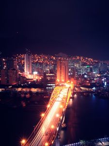 Preview wallpaper night city, aerial view, buildings, bridge, backlight, architecture