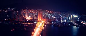 Preview wallpaper night city, aerial view, buildings, bridge, backlight, architecture