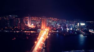 Preview wallpaper night city, aerial view, buildings, bridge, backlight, architecture