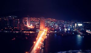 Preview wallpaper night city, aerial view, buildings, bridge, backlight, architecture