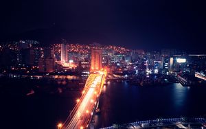 Preview wallpaper night city, aerial view, buildings, bridge, backlight, architecture