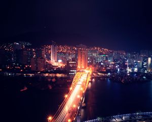 Preview wallpaper night city, aerial view, buildings, bridge, backlight, architecture