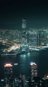 Preview wallpaper night city, aerial view, buildings, river, hong kong