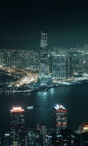 Preview wallpaper night city, aerial view, buildings, river, hong kong