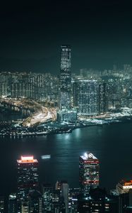 Preview wallpaper night city, aerial view, buildings, river, hong kong