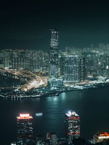 Preview wallpaper night city, aerial view, buildings, river, hong kong