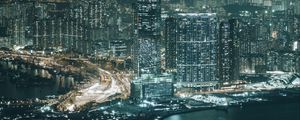 Preview wallpaper night city, aerial view, buildings, river, hong kong