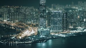 Preview wallpaper night city, aerial view, buildings, river, hong kong