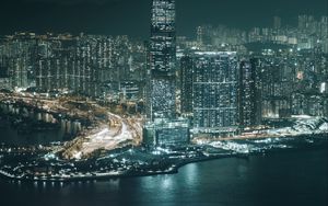 Preview wallpaper night city, aerial view, buildings, river, hong kong