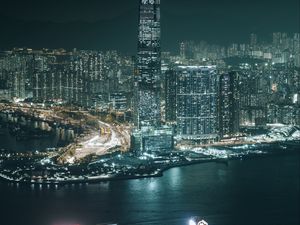 Preview wallpaper night city, aerial view, buildings, river, hong kong