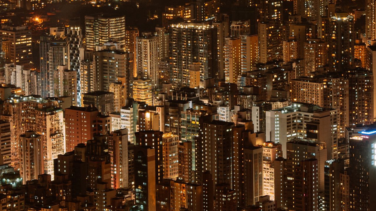Wallpaper night city, aerial view, buildings, architecture, metropolis