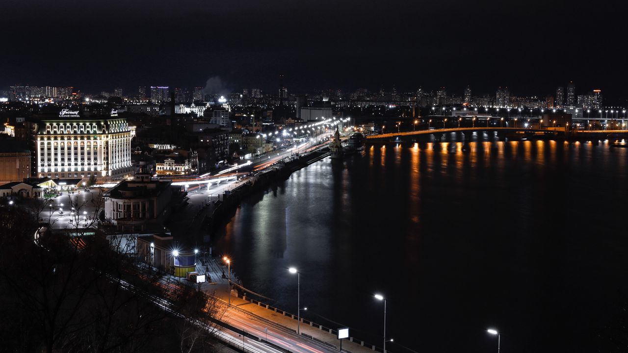 Wallpaper night city, aerial view, buildings, bridge, lights