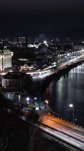 Preview wallpaper night city, aerial view, buildings, bridge, lights