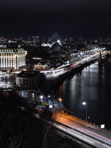 Preview wallpaper night city, aerial view, buildings, bridge, lights