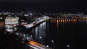 Preview wallpaper night city, aerial view, buildings, bridge, lights