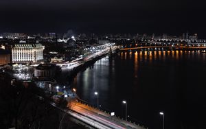 Preview wallpaper night city, aerial view, buildings, bridge, lights