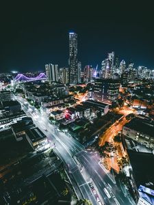 Preview wallpaper night city, aerial view, buildings, road, lights, dark