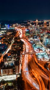 Preview wallpaper night city, aerial view, buildings, road, lights, night