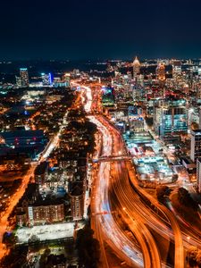 Preview wallpaper night city, aerial view, buildings, road, lights, night