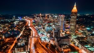 Preview wallpaper night city, aerial view, buildings, road, lights, night