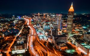 Preview wallpaper night city, aerial view, buildings, road, lights, night