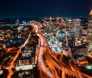 Preview wallpaper night city, aerial view, buildings, road, lights, night