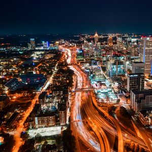 Preview wallpaper night city, aerial view, buildings, road, lights, night