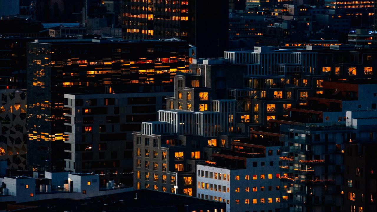 Wallpaper night city, aerial view, buildings, dark, architecture