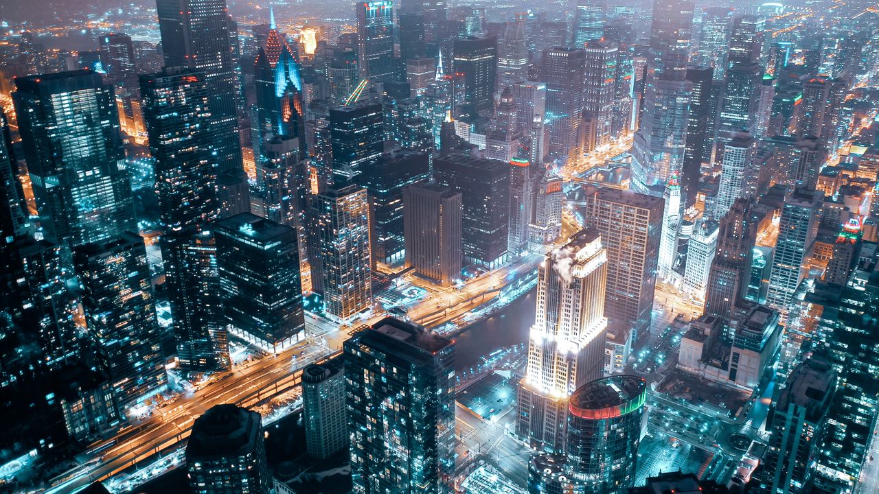 Wallpaper night city, aerial view, buildings, lights, architecture, overview