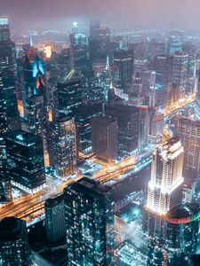 Preview wallpaper night city, aerial view, buildings, lights, architecture, overview